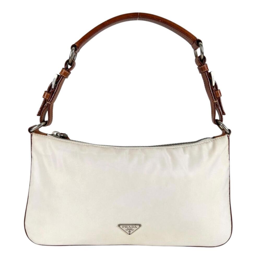 PRADA Tessuto handbag, nylon and leather, white brown, for women.